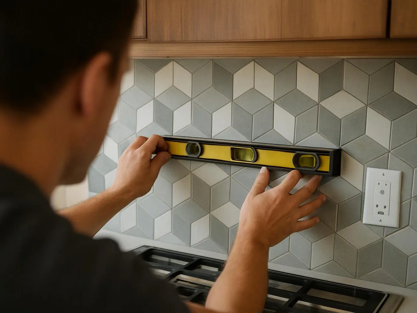 A person aligns a yellow spirit level on a tiled kitchen backsplash above a stovetop
