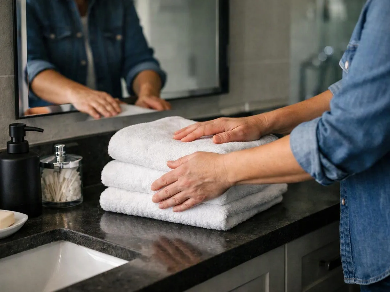 A person in a denim shirt stacks white towels on a bathroom counter beside a sink and toiletries