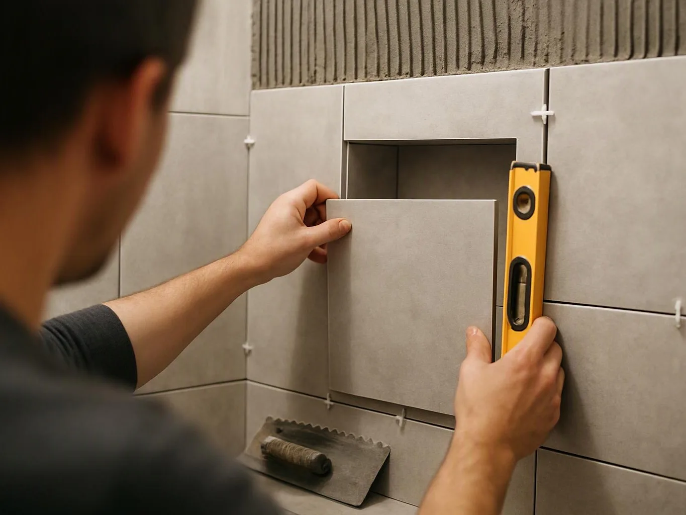 A person fits a gray wall tile while holding a yellow level in a tiled interior corner