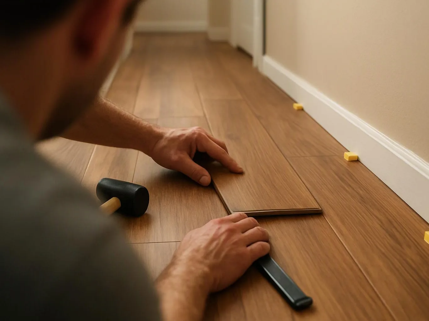 A person fits a wood floor plank near a wall using a mallet and pry bar