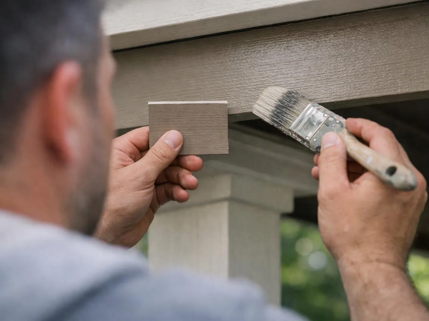 A person holds a paint sample card and brush against a house trim while matching colors outdoors