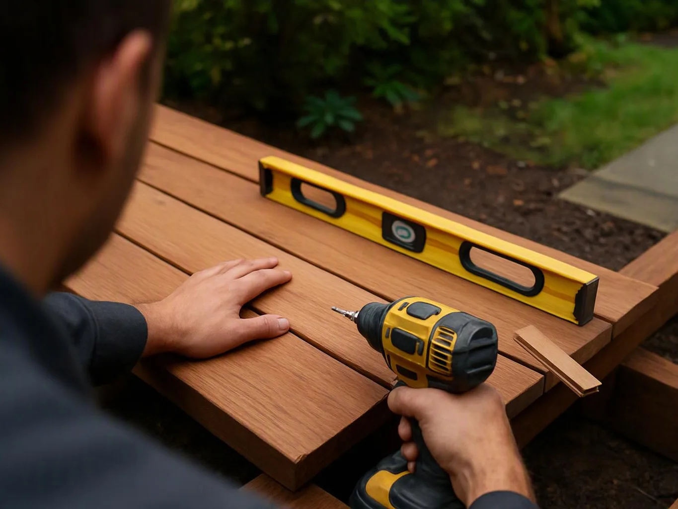 A person measures wood boards with a level while holding a yellow drill outdoors on a workbench