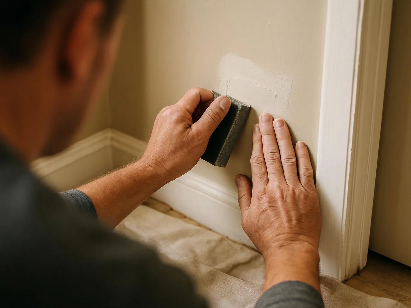 A person sands a patched wall near a baseboard inside a room