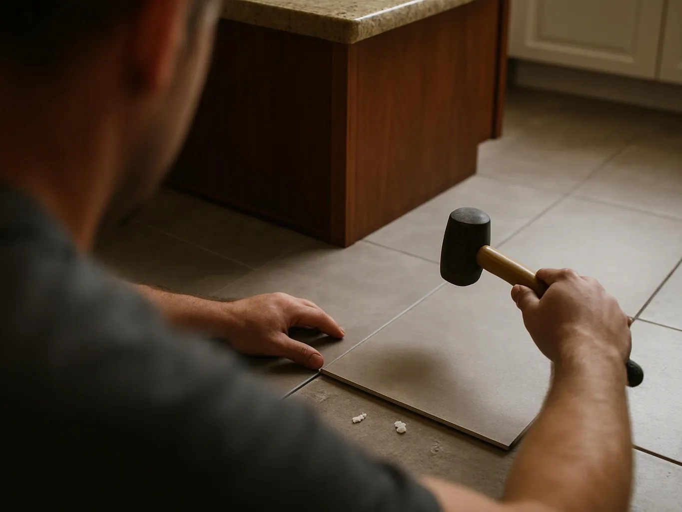 A person sets a floor tile with a mallet beside a kitchen cabinet base
