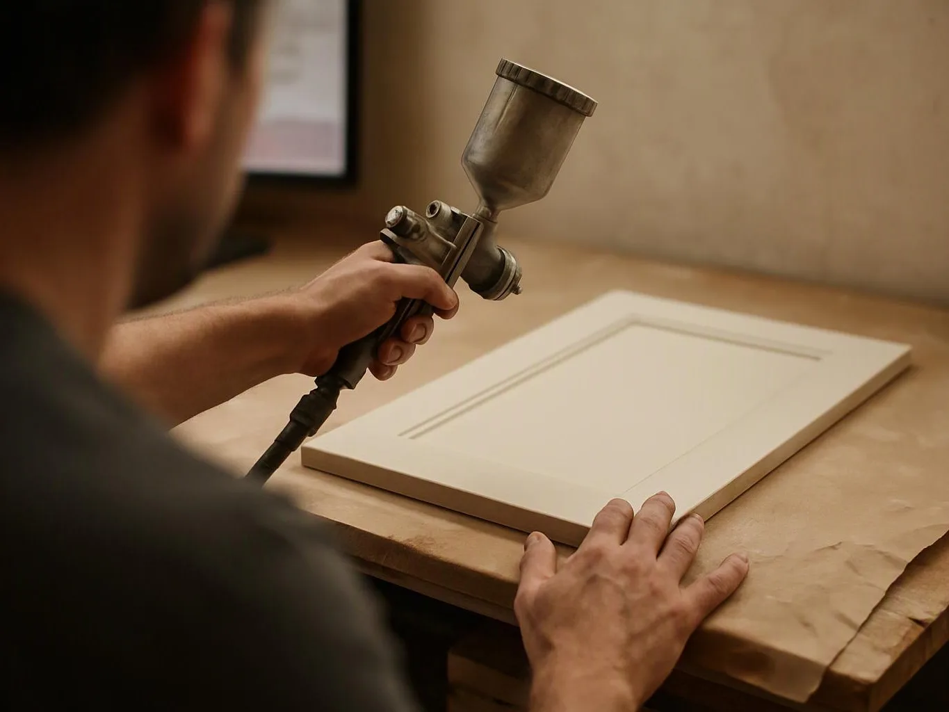 A person sprays a white cabinet panel with a paint gun on a workbench