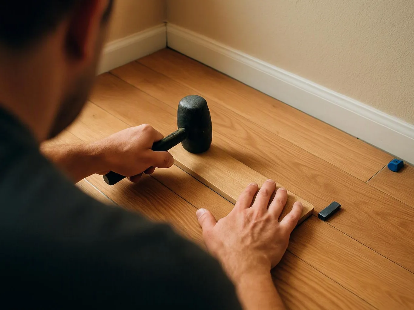 A person taps a wooden floor board with a rubber mallet in a bare room corner