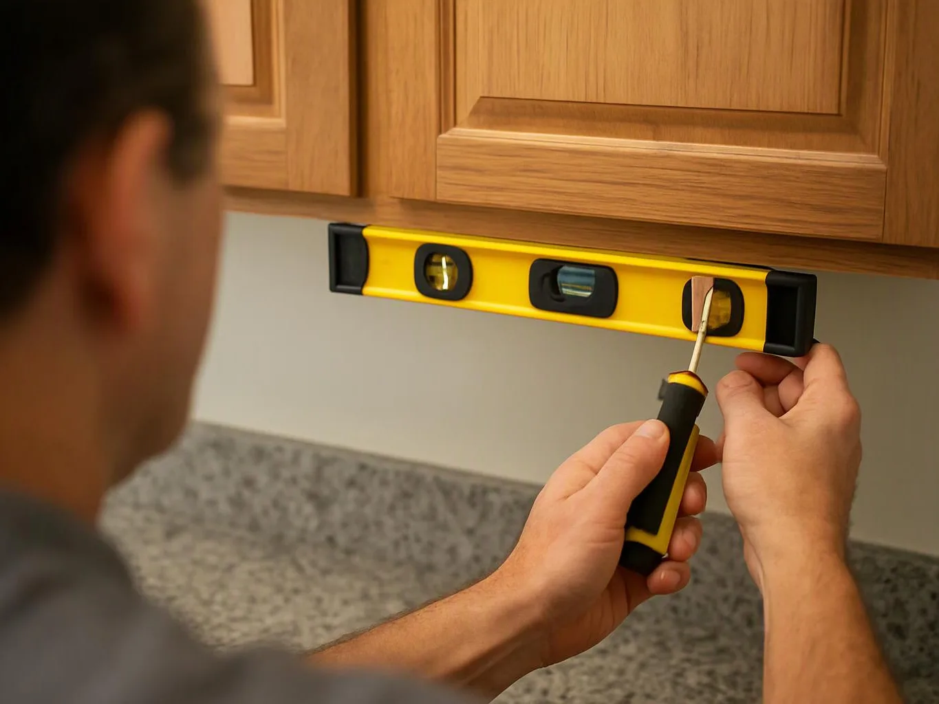 A person uses a level and screwdriver to adjust a wooden cabinet door above a speckled countertop