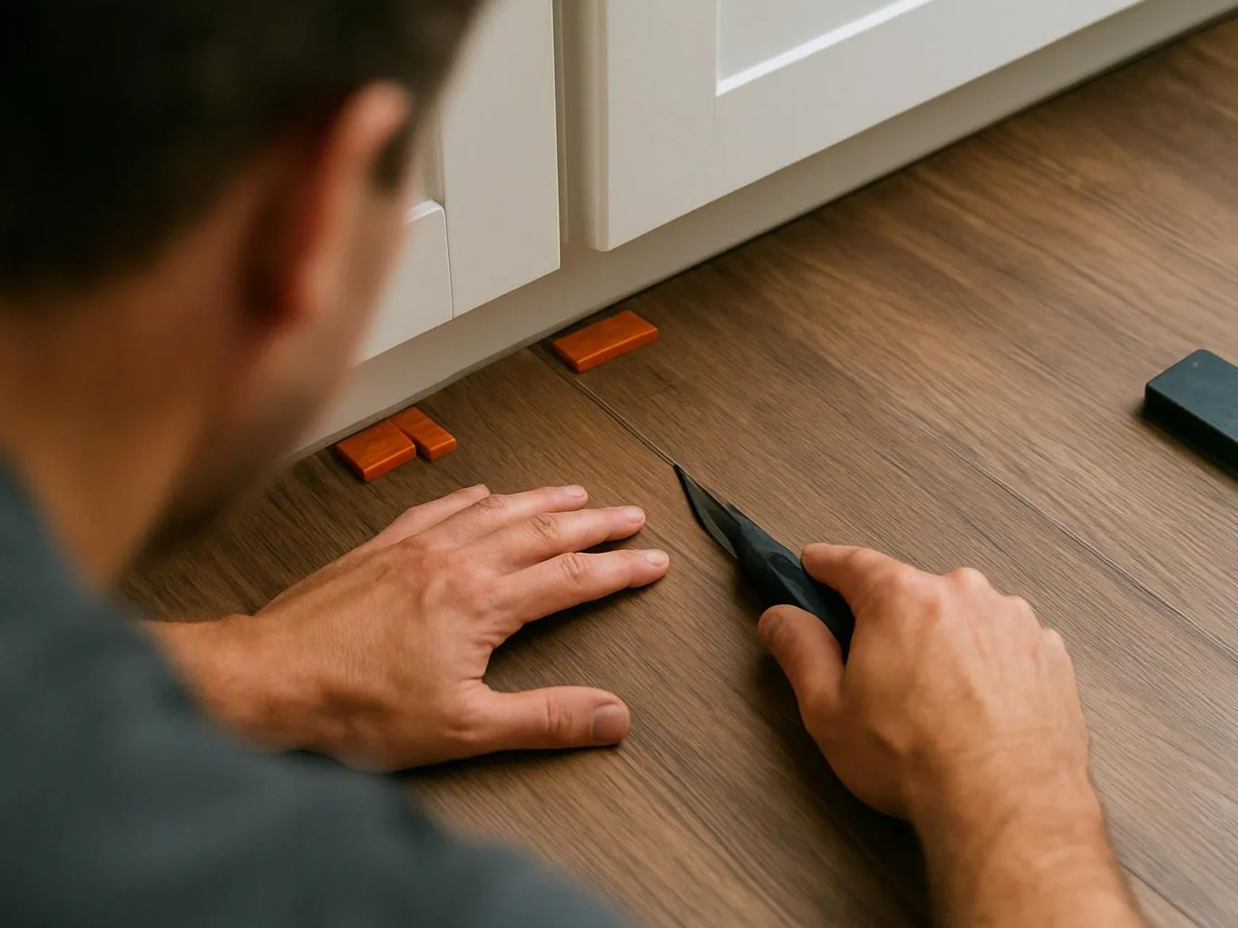 A person uses a pry tool near a cabinet base on a wooden floor, with small orange spacers nearby