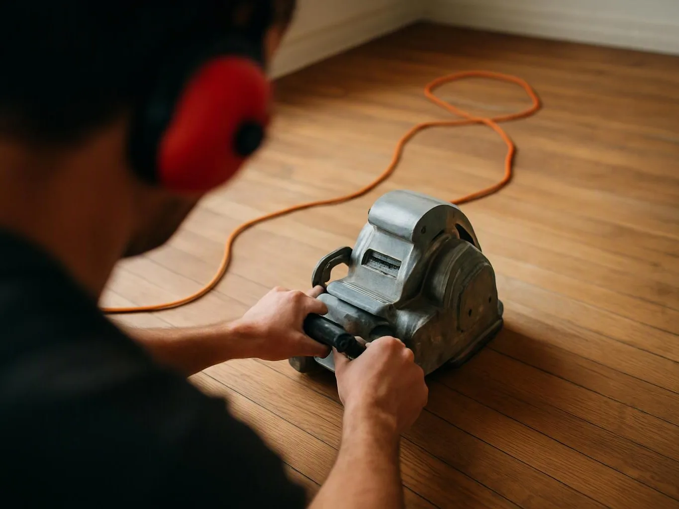A person wearing red ear protection uses a floor sander on a wooden floor indoors