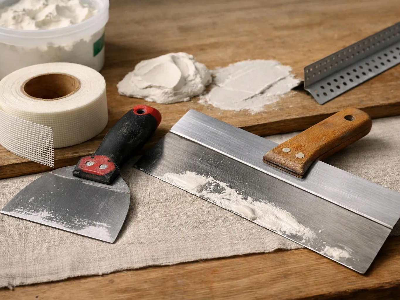 Plastering tools and drywall compound sit on a wooden table, including trowels, tape, and corner bead
