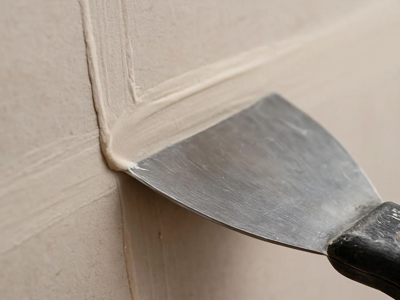 A putty knife smooths filler along a wall corner on a beige surface