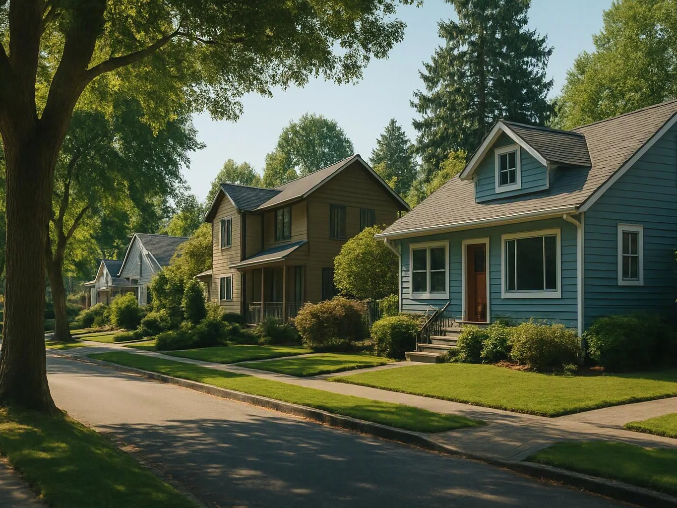 A quiet suburban street shows small houses, trimmed lawns, and tall trees in bright daylight