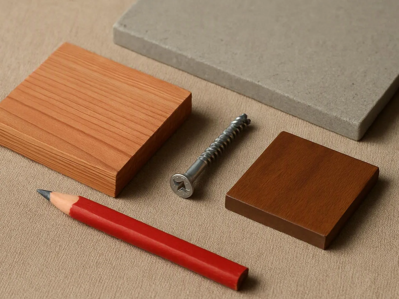 A red pencil, a screw, and two wood blocks lie beside a gray tile on beige fabric