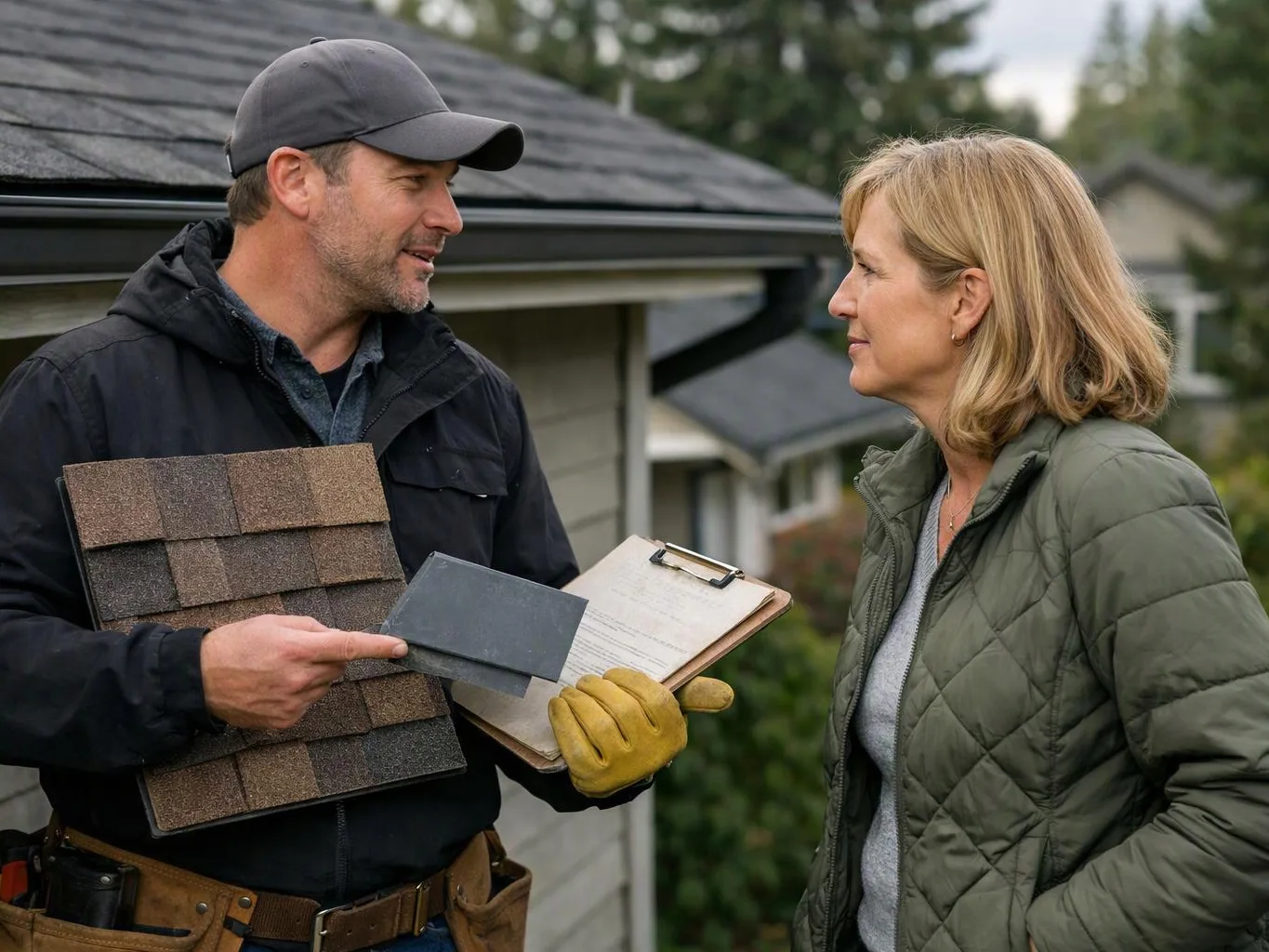A roofer shows shingles and a clipboard to a woman beside a house roof