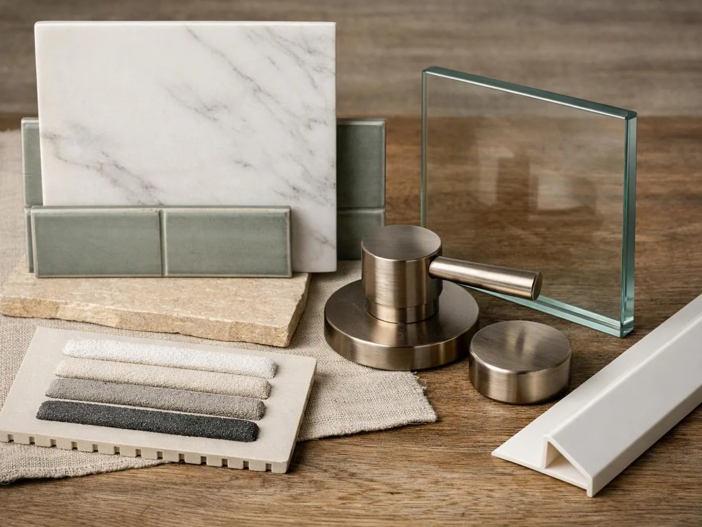 Sample tiles, metal hardware, and glass panels are arranged on a wooden tabletop