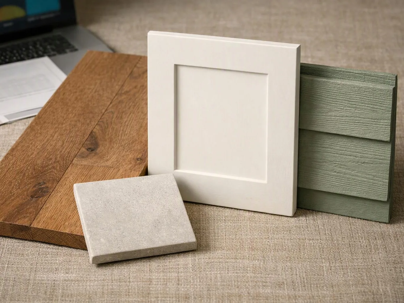 A set of sample cabinet panels and tiles rests on a fabric surface beside a laptop and paper sheets