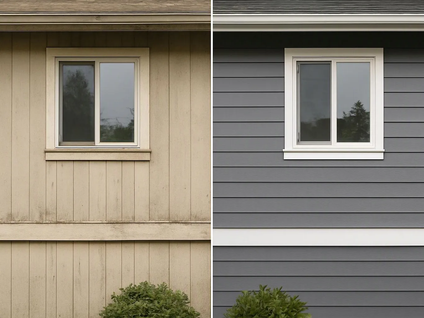 A side by side comparison shows a weathered beige house exterior on the left and a freshly painted gray one on the right