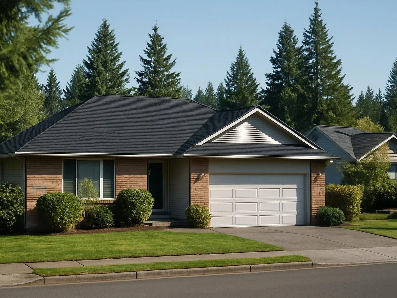 A single-story suburban house with a dark roof, white garage door, and trimmed lawn sits beside tall pine trees