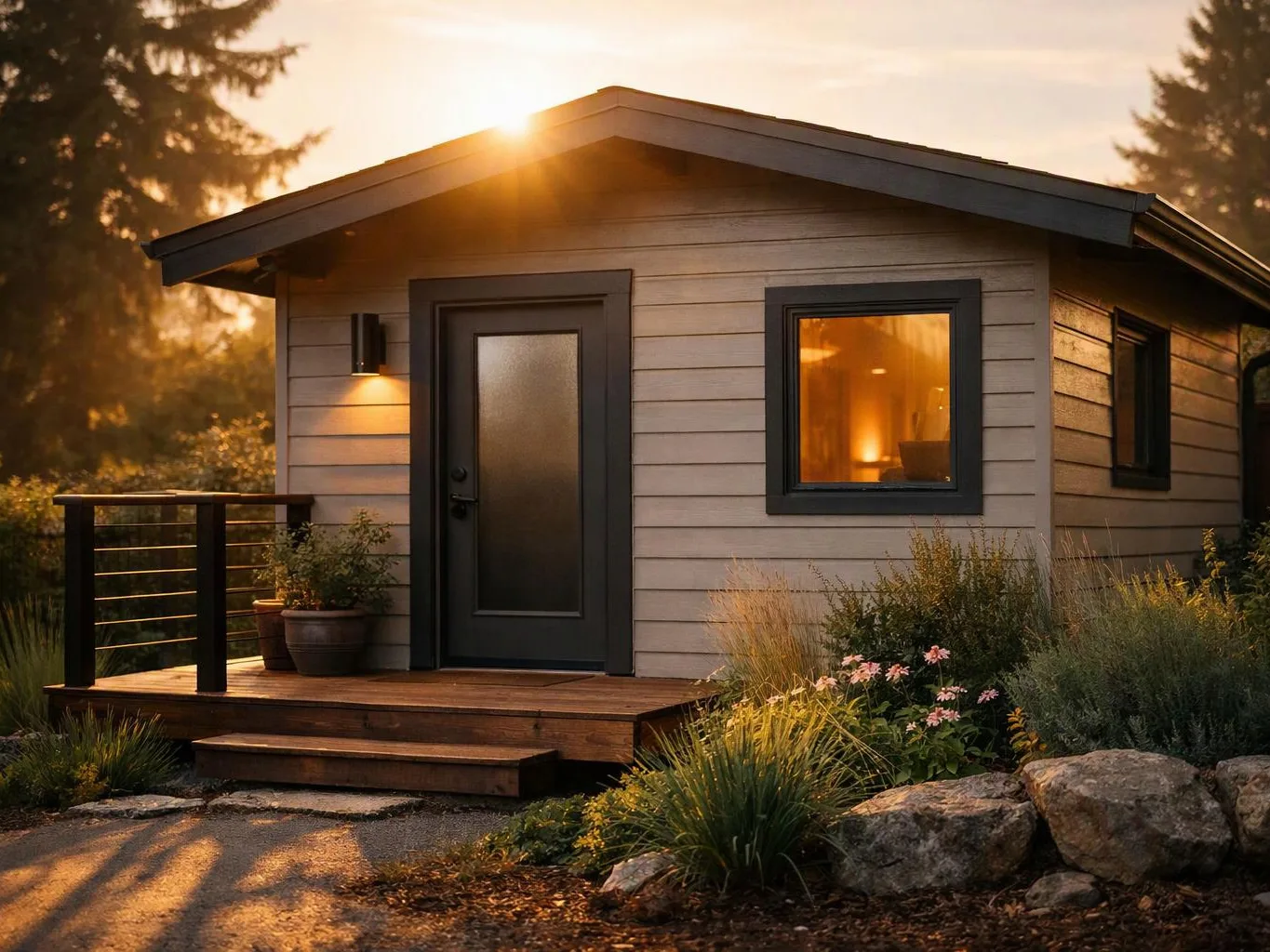 A small modern cabin sits in warm sunset light, with a wooden porch, dark door, and garden plants around it