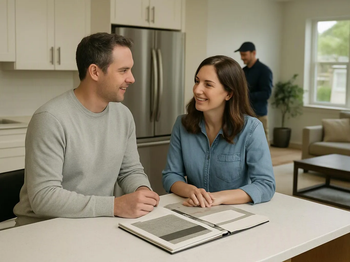 A smiling couple reviews fabric samples at a kitchen island while a man stands in the bright living room behind them