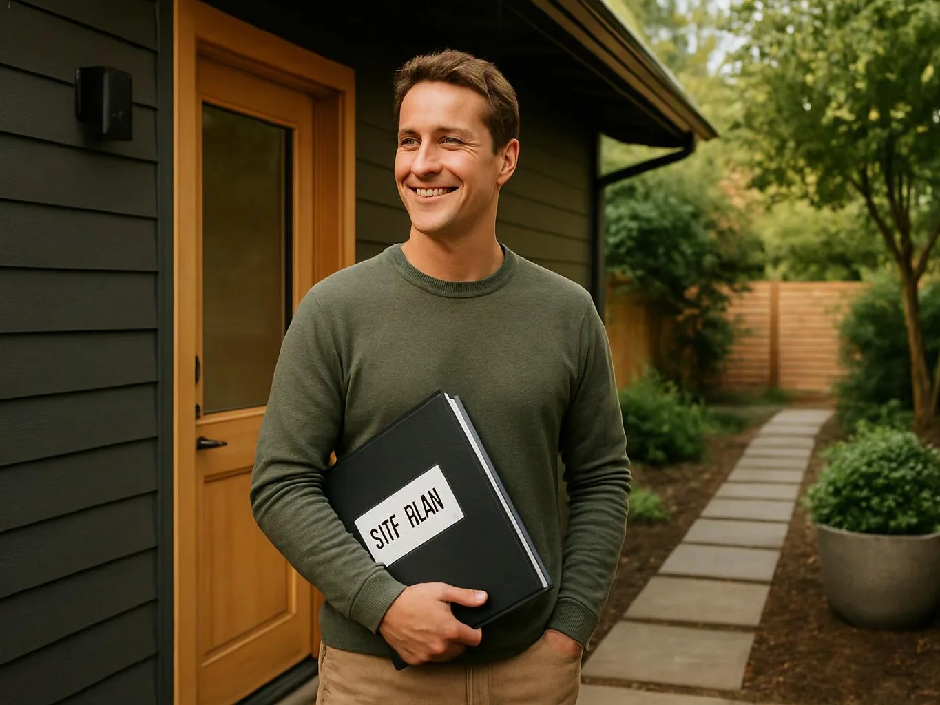 A smiling man holds a black folder labeled "SITE PLAN" outside a house beside a stone path