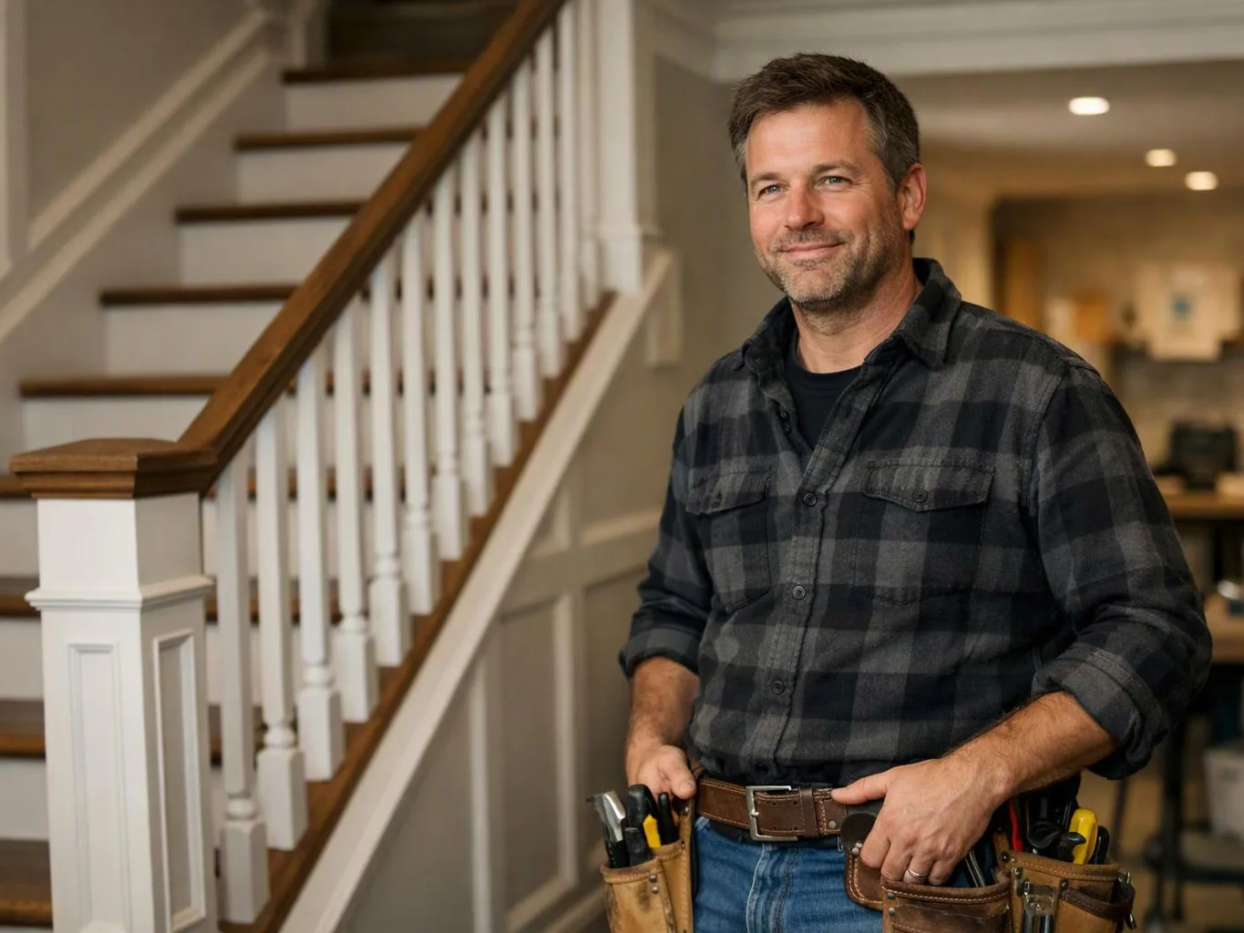 Smiling man in a plaid shirt stands indoors beside a staircase, holding tools in a work belt