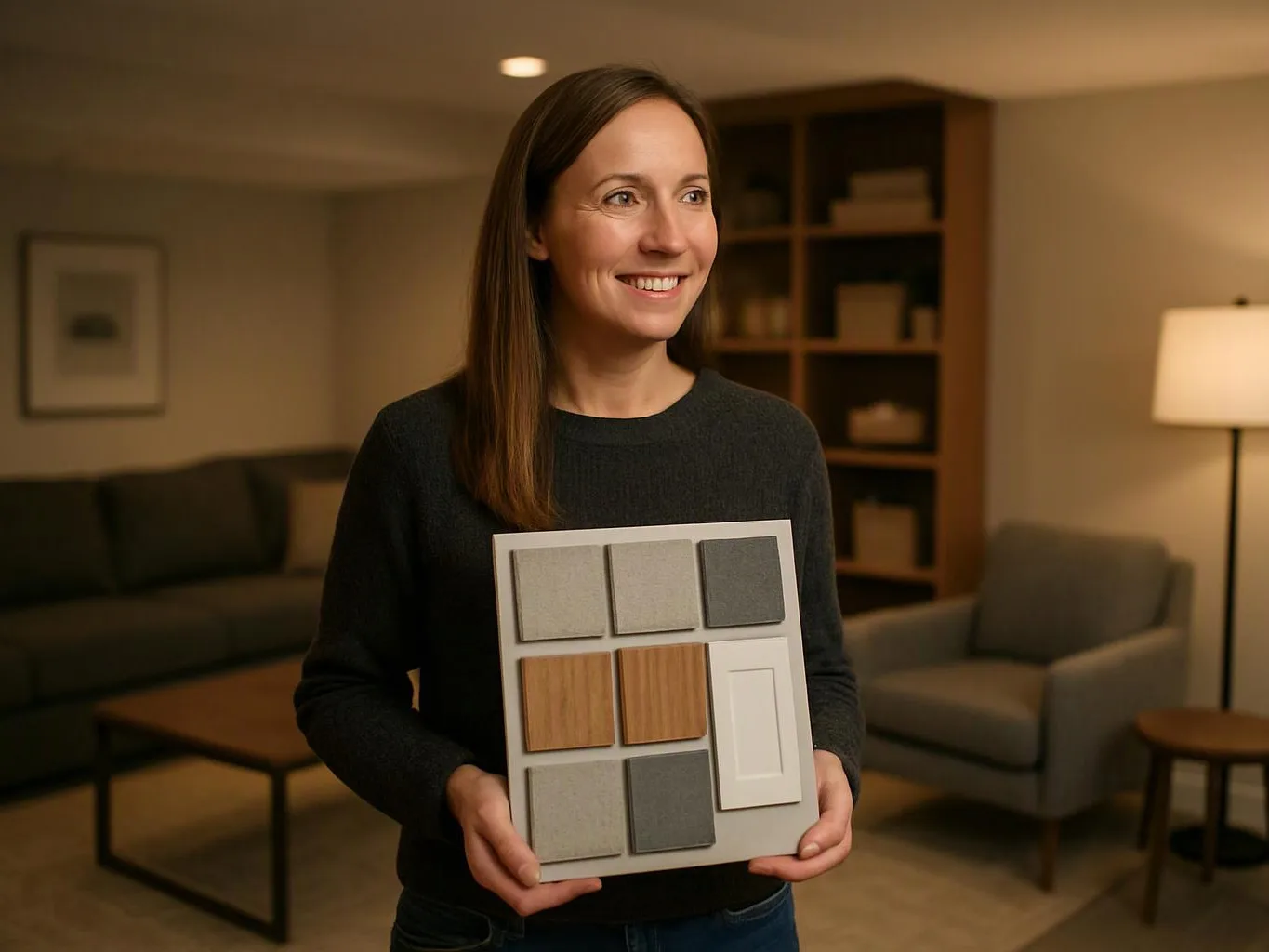 A smiling woman holds a material sample board in a cozy living room with a sofa and lamp