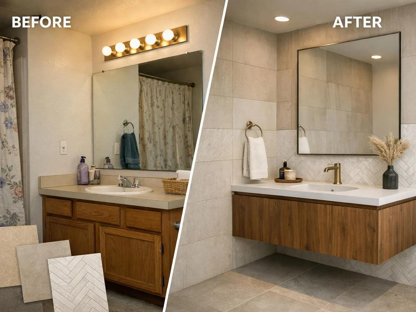 Split bathroom vanity before-and-after shows a dated sink area replaced by a modern floating cabinet and tiled wall