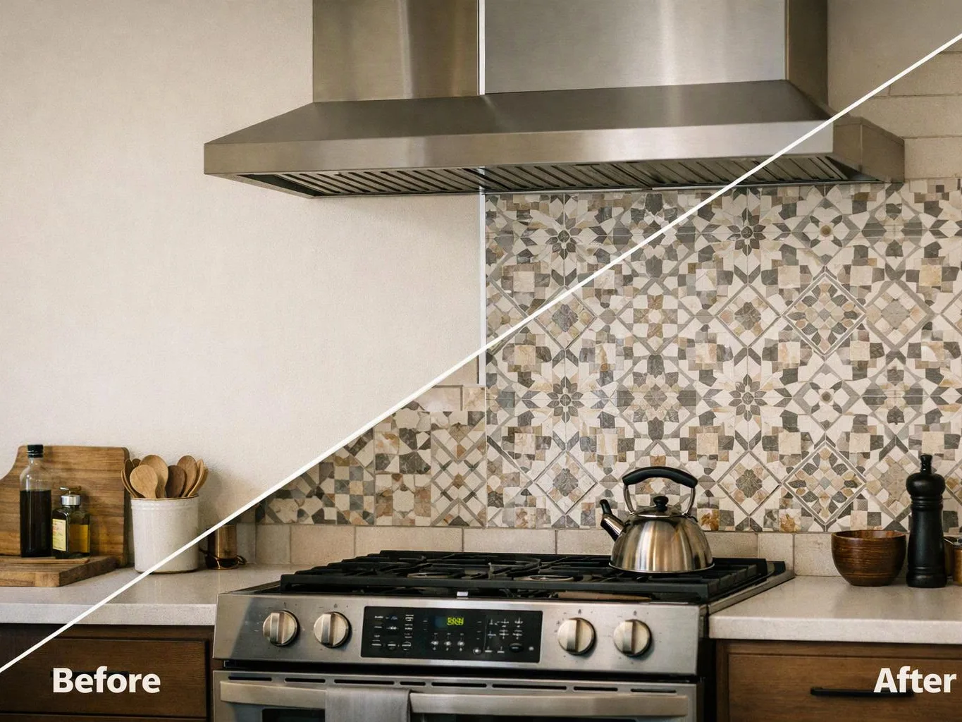 A split before-and-after kitchen view shows a tiled backsplash and stainless range hood above a stovetop with a kettle