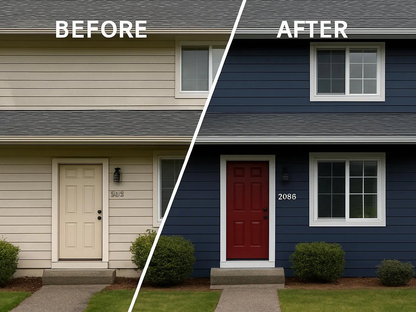Split before-and-after view of a house exterior, showing beige siding replaced with dark blue siding and a red front door