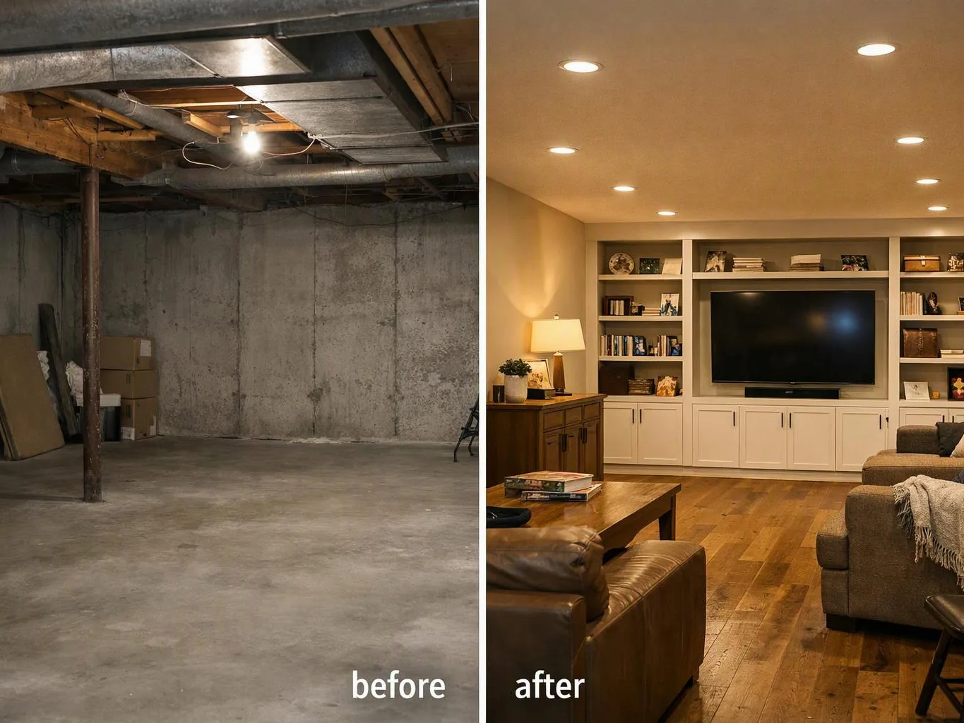 Split image shows a bare unfinished basement before and a warm finished living room after