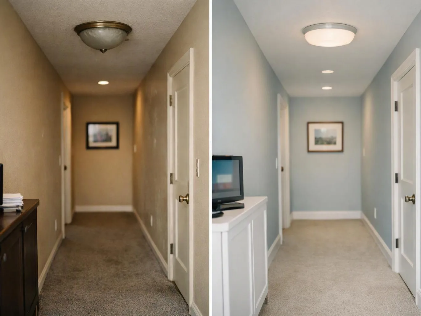 Split image shows a narrow hallway before and after repainting, with doors, ceiling lights, and framed wall art