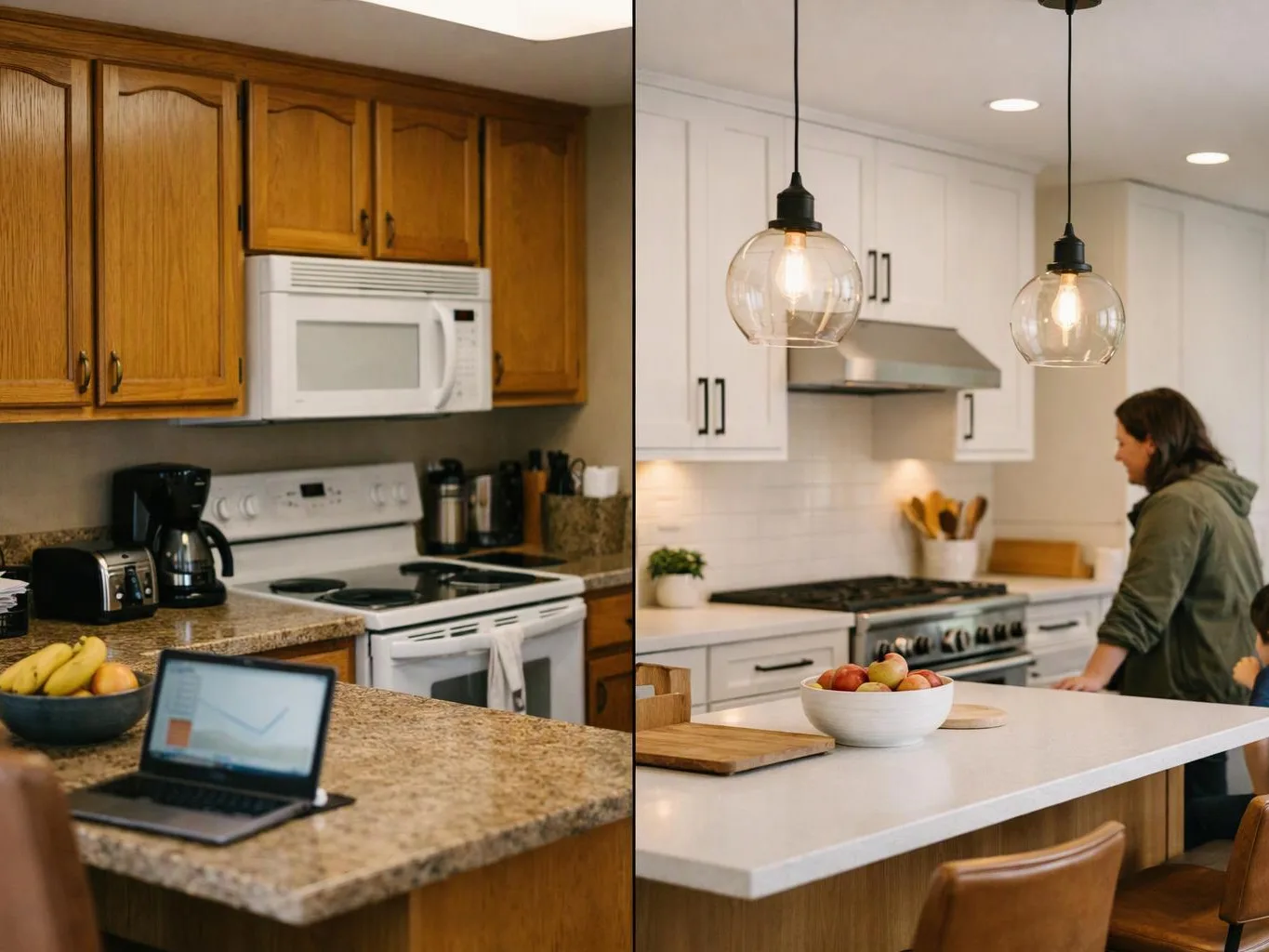A split kitchen scene shows wood cabinets and a laptop on one side