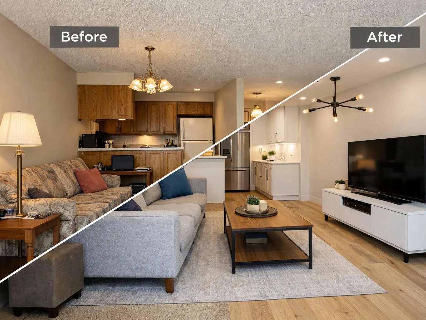Split-screen living room and kitchen before-and-after makeover with old furnishings on the left and bright modern decor on the right