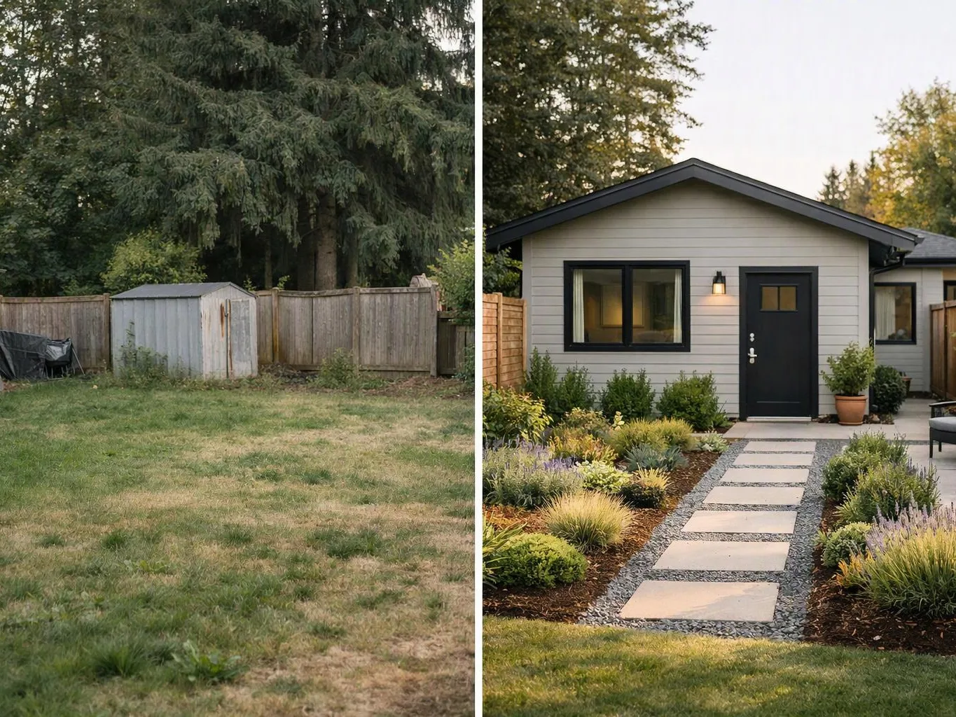 A split-view backyard shows a plain lawn with a shed beside a fenced yard and a renovated small house with a stone path and garden beds