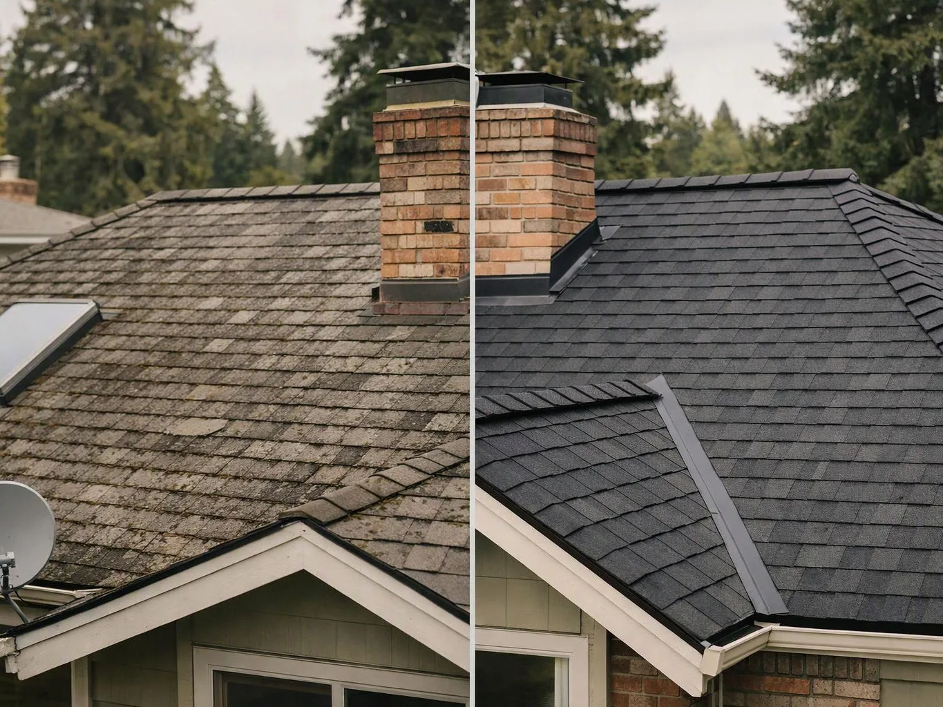 Split view of a house roof before and after replacement, showing worn shingles beside new dark shingles