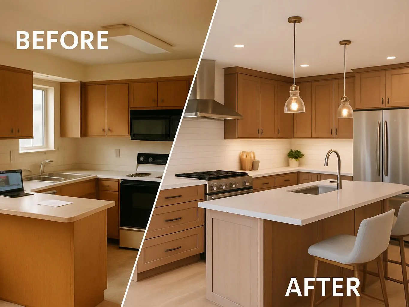 Split view of a kitchen before and after remodel