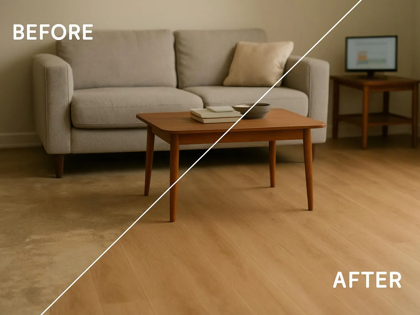 Split view of a living room, showing carpet before and wood flooring after with sofa, coffee table, and side table