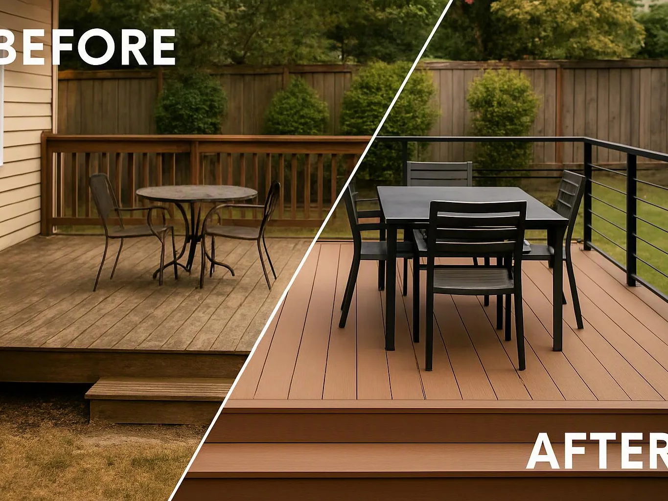 Split view shows an old wooden deck before and a newer tan deck with outdoor dining set after