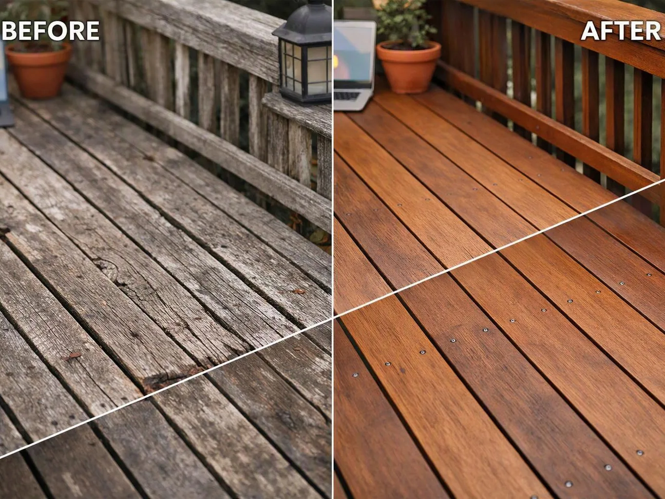 Split view of a wooden deck before and after cleaning, with a potted plant and lantern on the railings