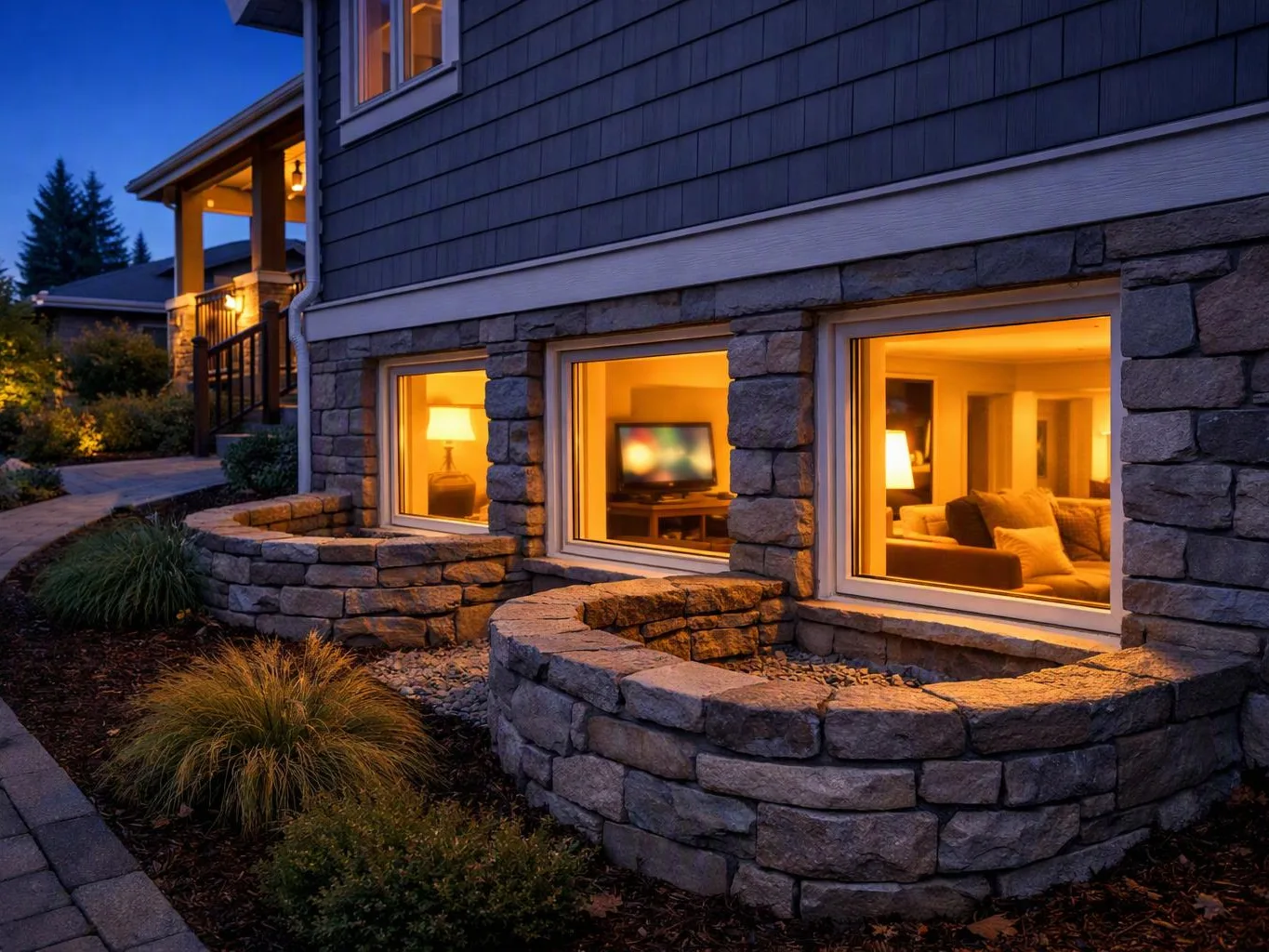 A stone-sided house glows at dusk, with warm lit windows and a landscaped front walkway