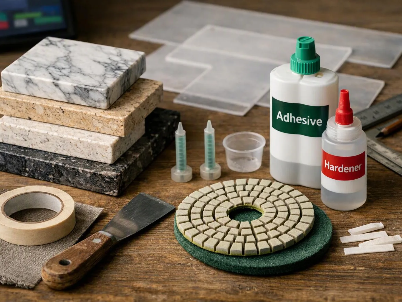 Stone slabs, adhesive bottles, tools, and polishing pads are arranged on a wooden worktable