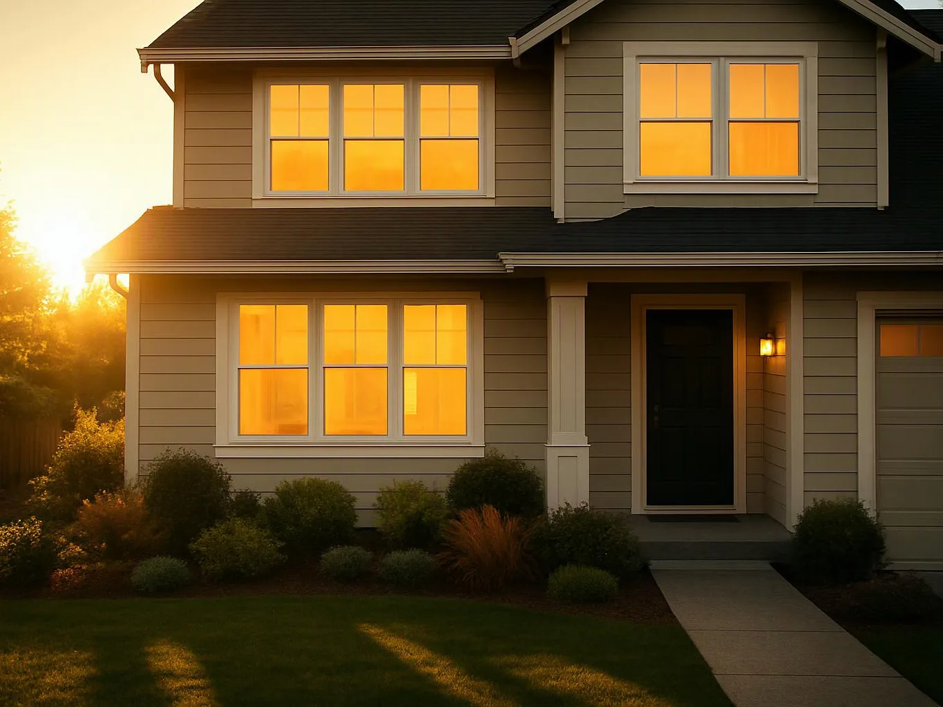 A suburban house glows in sunset light, with lit windows, a front porch, and a walkway across the lawn