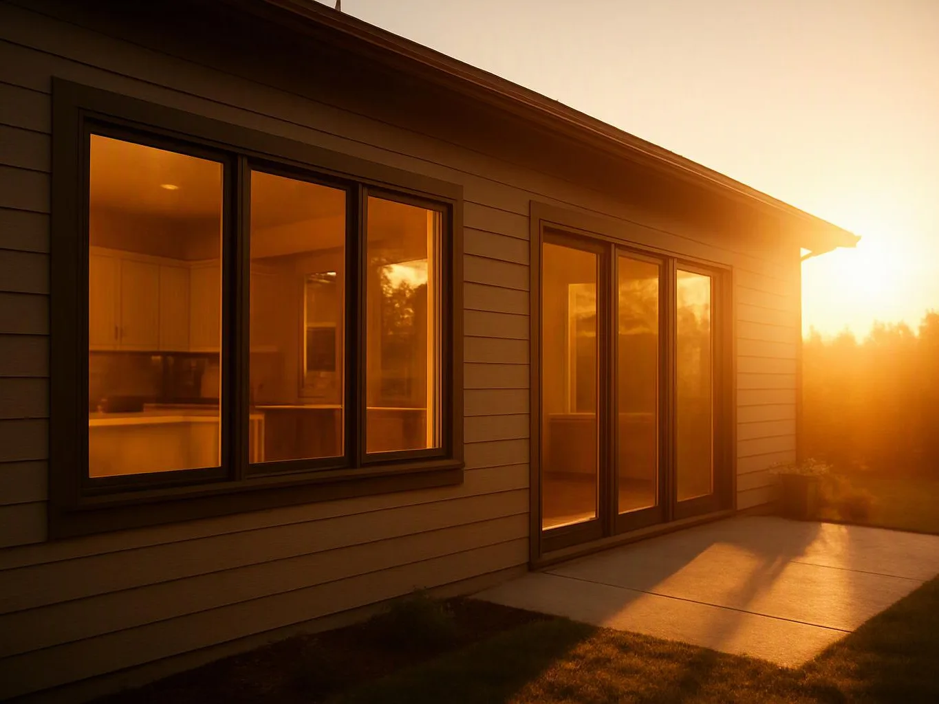 Sunlight glows through large windows on a house exterior, with a patio and lawn in view