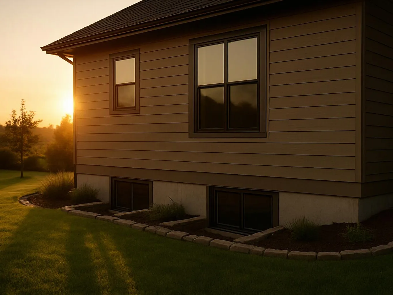 Sunlight hits the side of a beige house, with windows, basement vents, and a grassy yard below