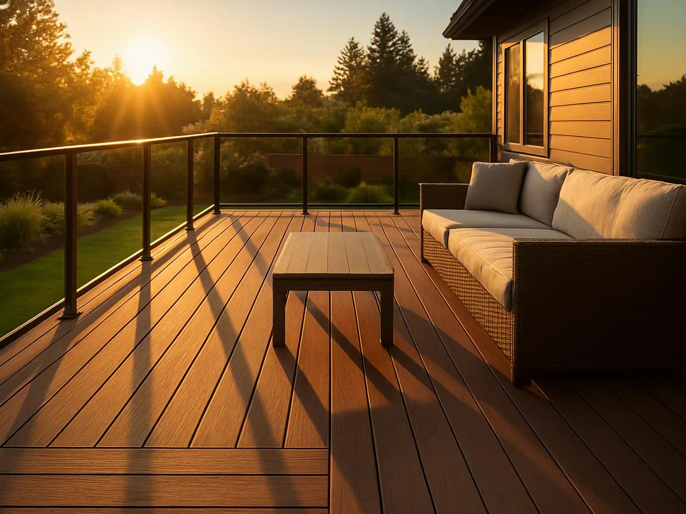 A sunlit wooden deck with a cushioned sofa, small table, and glass railing overlooks trees at sunset