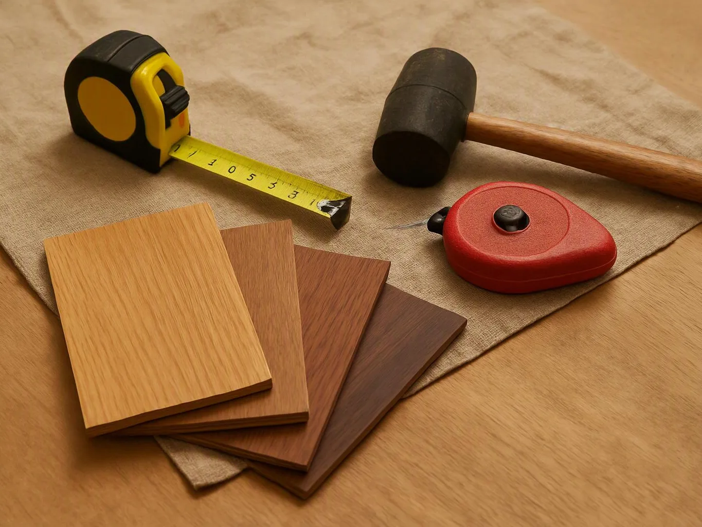 Tape measure, rubber mallet, red reel, and wood sample boards rest on beige fabric and a wooden table