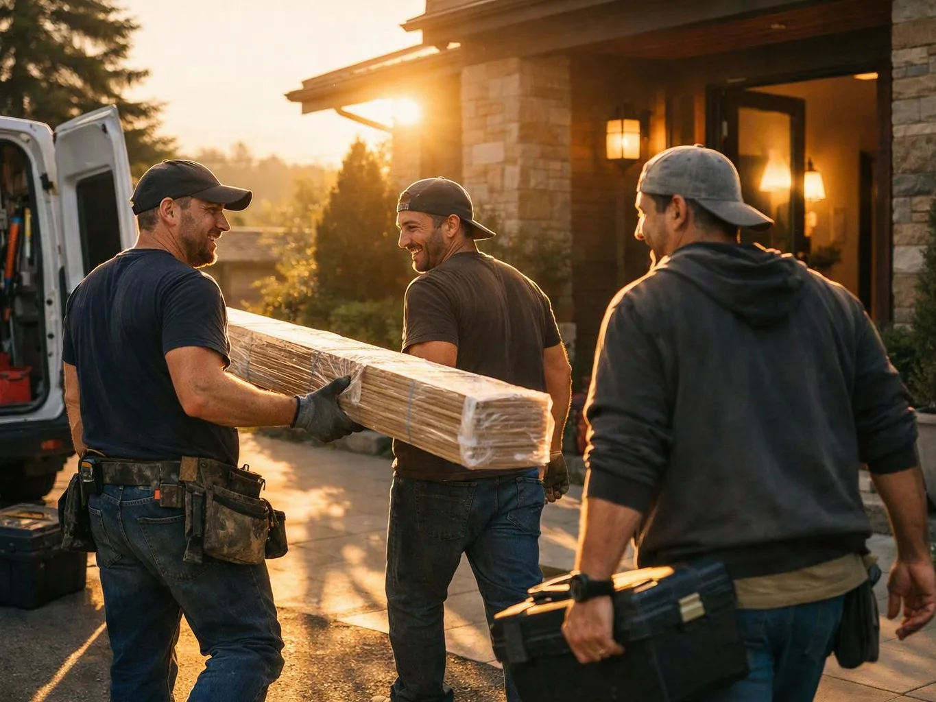 Three men carry a wrapped wooden beam outside a house at sunset