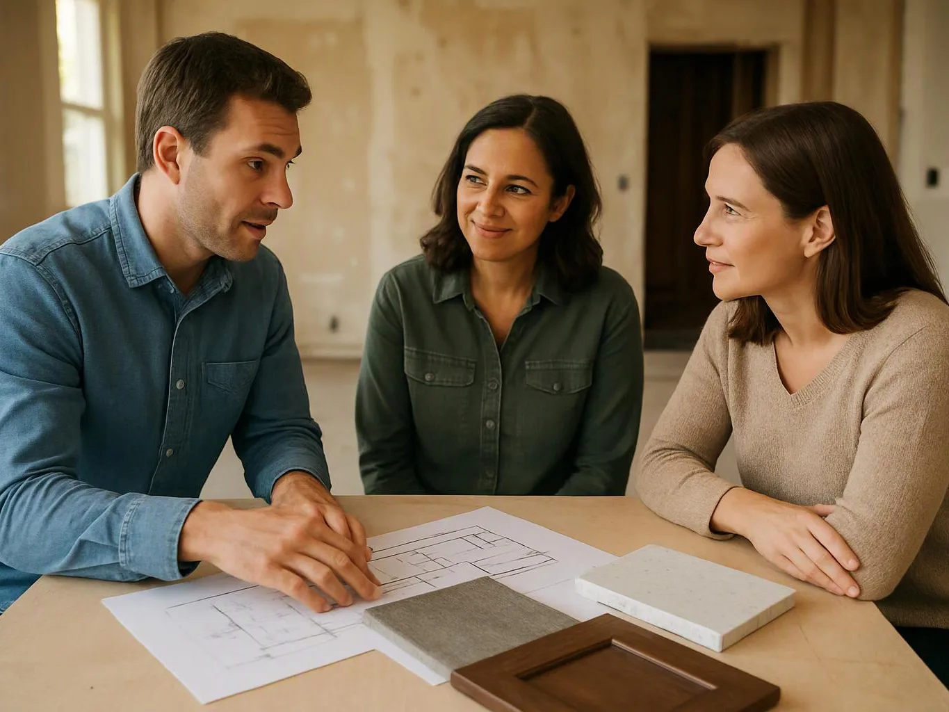 Three people talk over floor plans and material samples at a table in a bare room