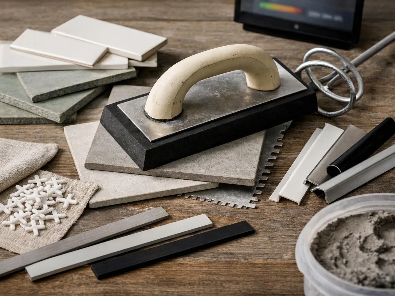 A tile grout float sits among sample tiles, trim pieces, and a container of gray mortar on a wooden table
